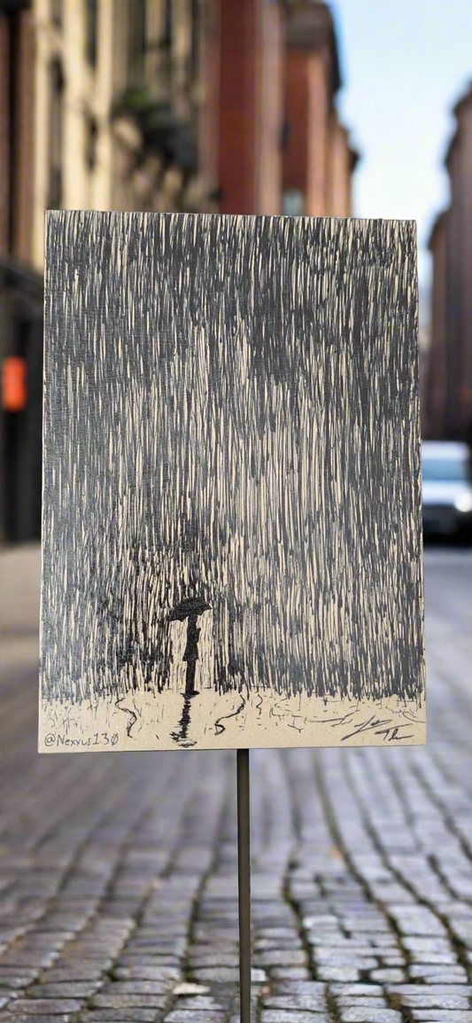 "Alone in the Rain" 5inx7in Pen on chipboard